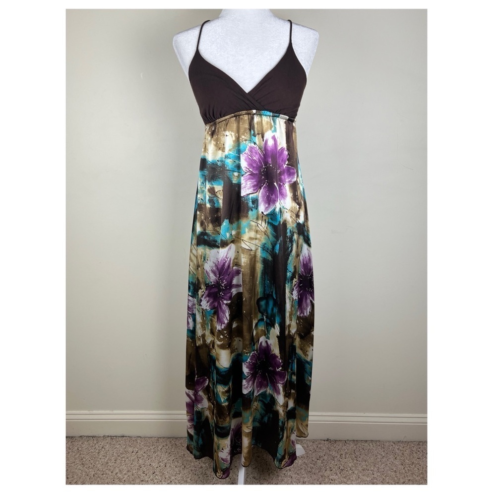 Joshua | Vintage Y2K Babydoll Fairy Earthy Flowy Floral Satin Maxi Dress | S